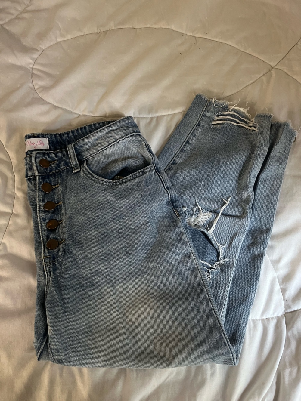 Pink Lily Light Blue High-Rise Distressed Button-Fly Jeans